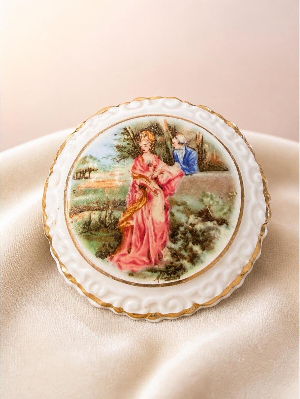 Coalport 1960s Courting Couple Bone China Miniature Plate Brooch Pin in Box, 2”